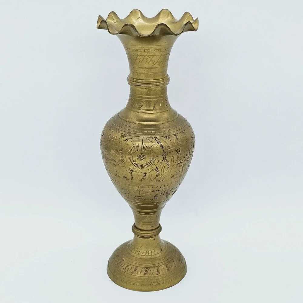 Vintage Indian Etched Brass Vase Urn 12